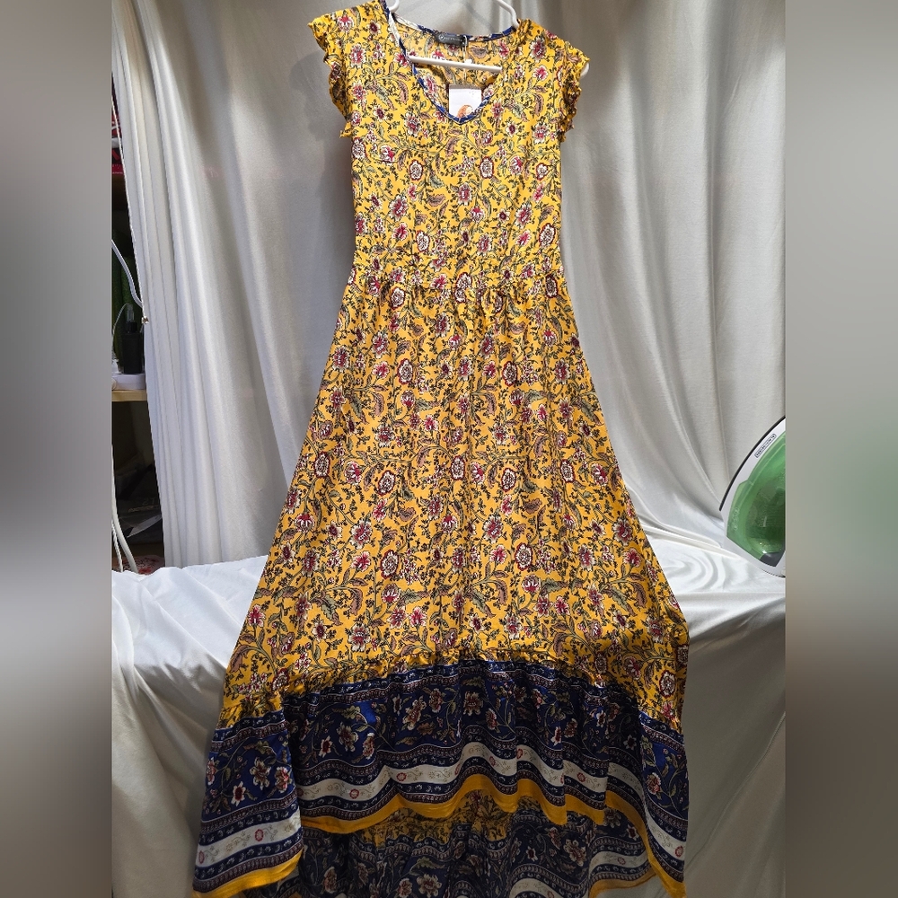 Floral High Low Dress - Yellow and Blue